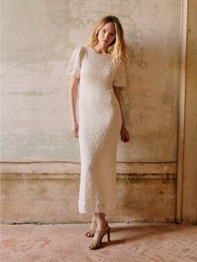 Sézane Izi Dress | Women's Cream Lace Midi Dress with Elegant Puff Sleeve Size L